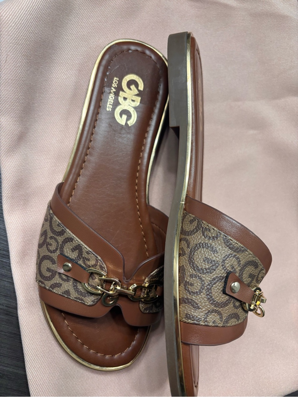 G by Guess Brown and Gold Logo-Print Slide Sandals